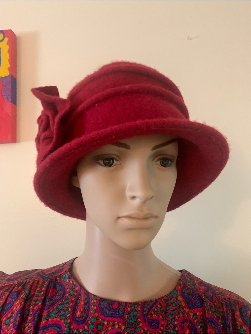 Red Felt Cloche Hat with Side Rosette